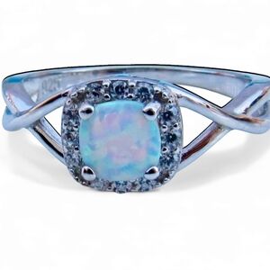 White Opal with Halo CZ Sterling Silver Ring